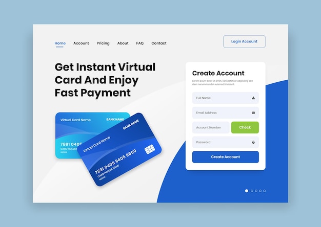Intestazione del sito web di finanza e banca minimalista con modulo di registrazione e illustrazione della carta