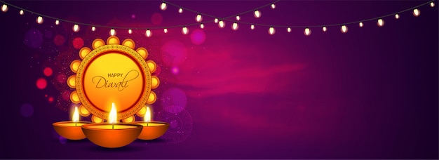 Intestazione del sito Web o banner design con lampade ad olio illuminate (Diya) e ghirlanda illuminata decorata su sfondo marrone per la felice celebrazione di Diwali.