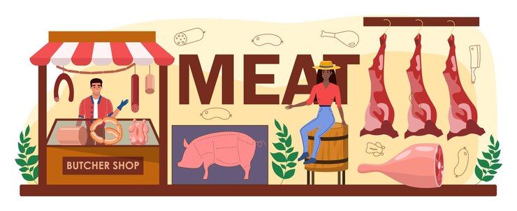 Vettore intestazione tipografica di carne. carni fresche e semilavorati con prosciutti e insaccati, carni bovine e suine. operaio al mercato della carne. illustrazione vettoriale isolato