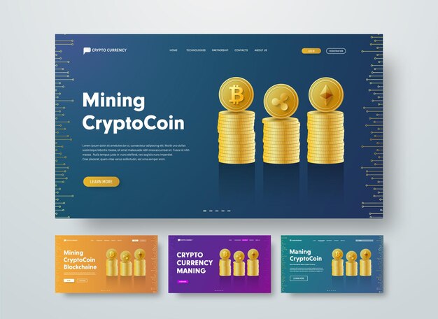 intestazione web modello per criptovaluta con pile d'oro di monete Bitcoin, Ethereum e Ripple.