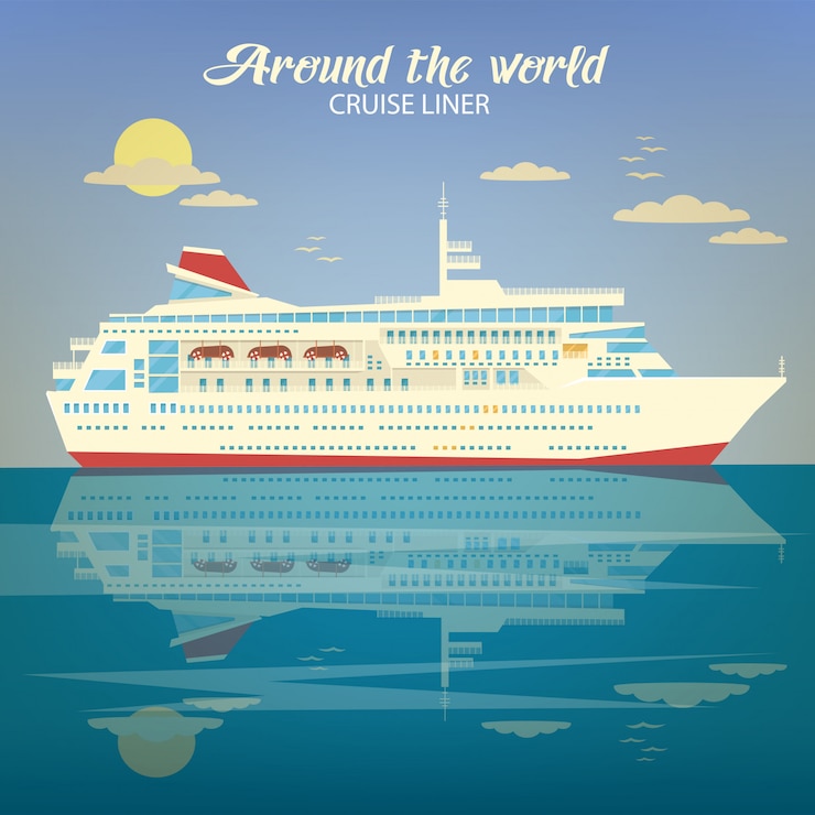 Vettore intorno al mondo travel banner con cruise liner
