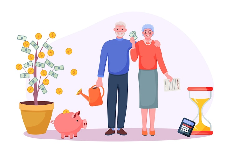 Vettore investimento di denaro di risparmio pensionistico nel fondo comune di pensionamento. la coppia di nonni anziani risparmia le finanze sul futuro, aumenta i profitti, calcola il budget e conclude il modulo di assicurazione illustrazione vettoriale