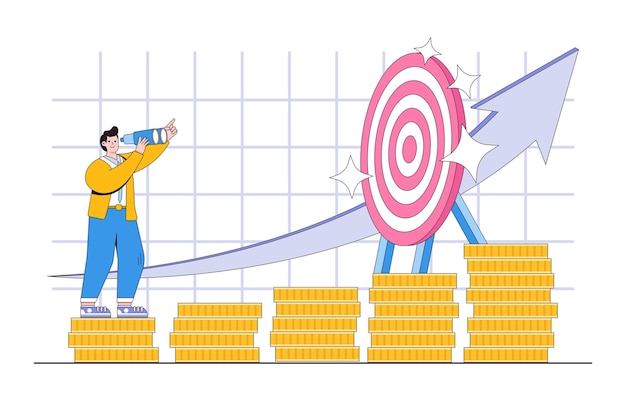 Investimento o aumento della crescita finanziaria guadagno di profitto e guadagno di capitale dividendo o successo delle entrate nei concetti di gestione patrimoniale Uomo d'affari che guarda al futuro con il binocolo in una pila di soldi