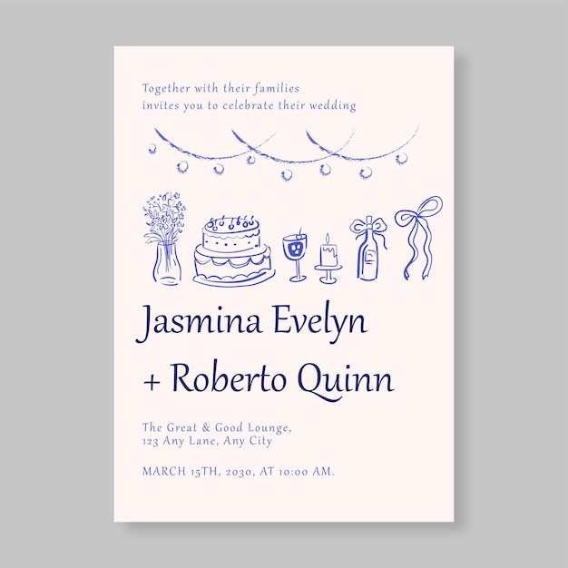 Invitazione al matrimonio minimale e stravagante Disegno elegante e giocoso per un matrimonio sognante e romantico