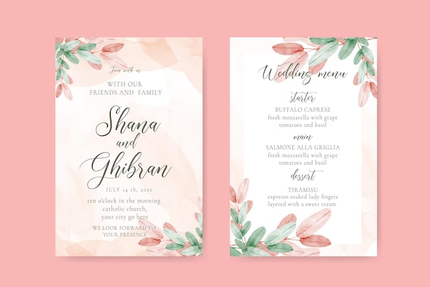 Invito a nozze acquerello romantico e modello di menu