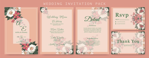 Invito a nozze con elegante tema floreale completo di dettagli del menu di nozze rsvp e grazie