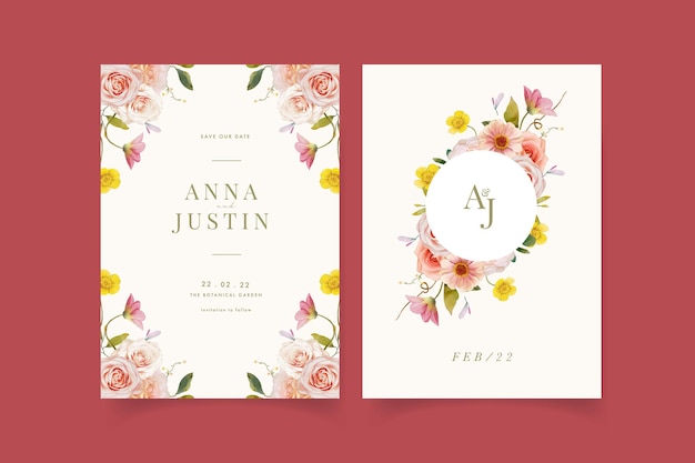 Invito a nozze con rose dell'acquerello e zinnia
