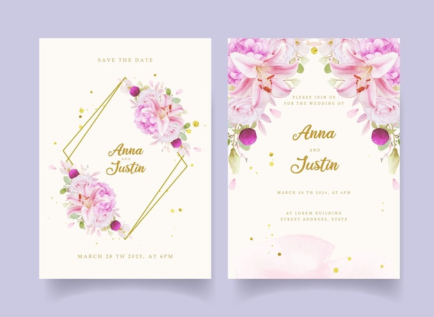 Invito a nozze con rose rosa acquerello, ortensia e giglio