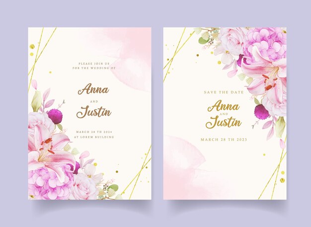 Invito a nozze con rose rosa acquerello, ortensia e giglio
