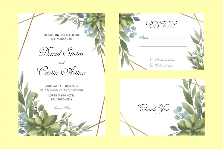 Vettore invito a nozze e modelli rsvp con foglie stile acquerello