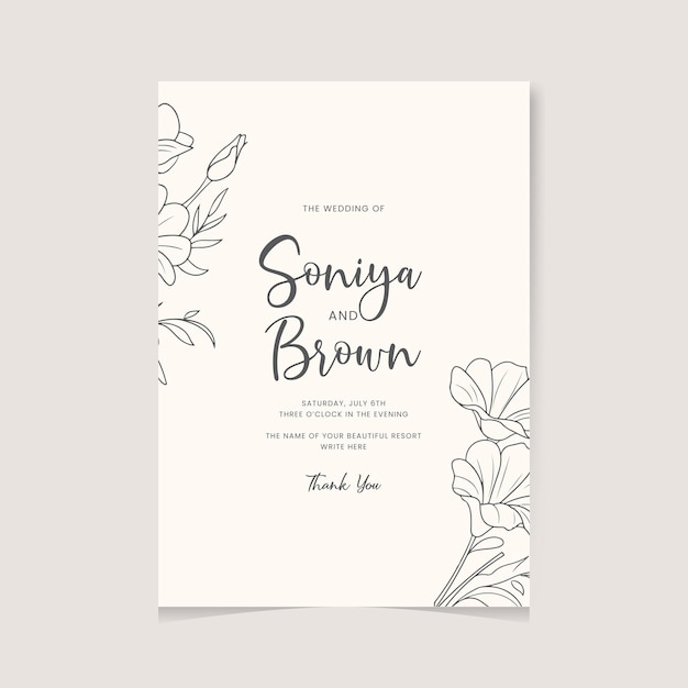 Invito al matrimonio moderno con bellissimi ornamenti floreali line art
