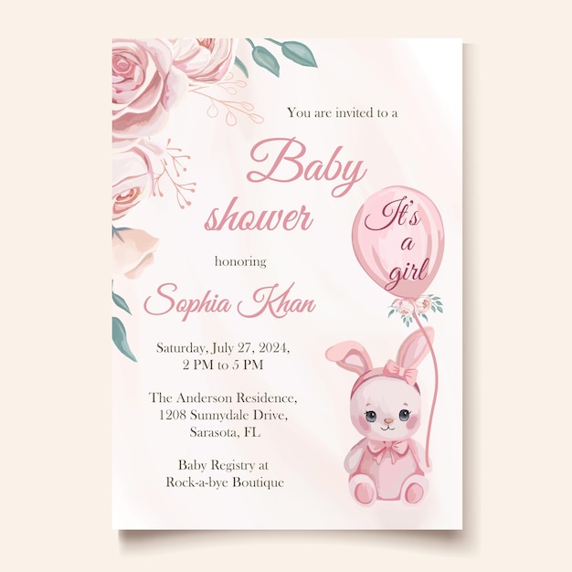 Invito all'acquarello per la festa della bambina con un cucciolo rosa carino e bellissimi fiori