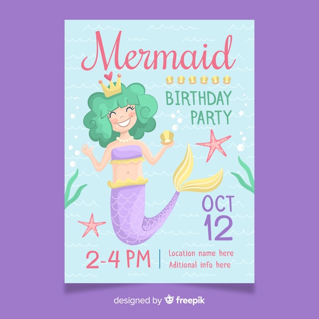 Invito di compleanno carino con sirena disegnata a mano