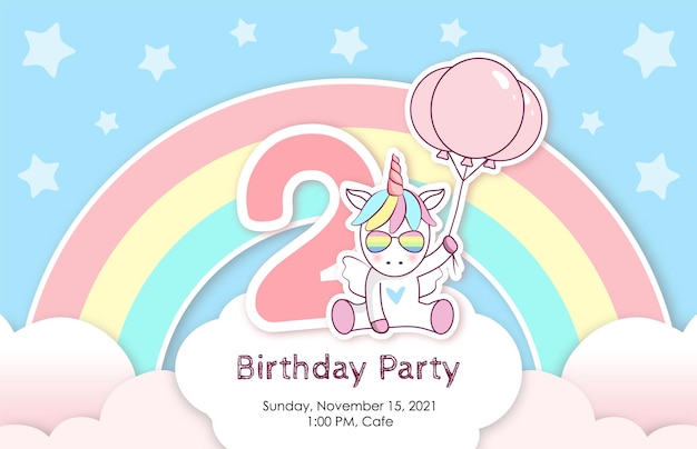 Invito di compleanno con unicorno carino, palloncini e nuvole. Secondo anno di nascita