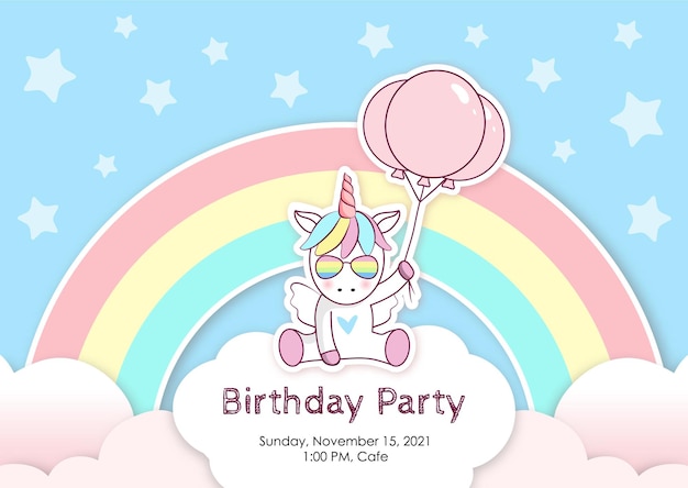 Invito di compleanno con unicorno carino, palloncini e nuvole.