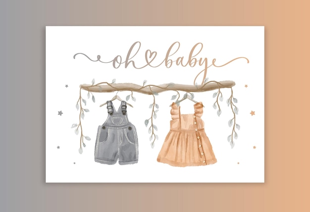 Invito di genere floreale polveroso rustico per baby shower party con vestiti per bambini carini ad acquerello