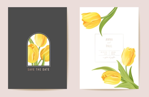 Invito di vettore del tulipano moderno di nozze floreali. Fiore Salva la data impostata. carta di primavera minima. Cornice modello realistico, copertura fogliare, sfondo estivo, design alla moda, brochure di lusso