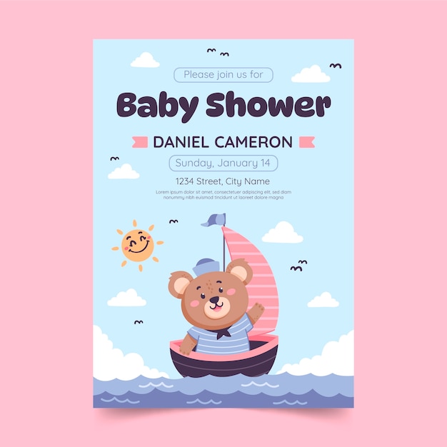Invito per baby shower con orsacchiotto disegnato a mano