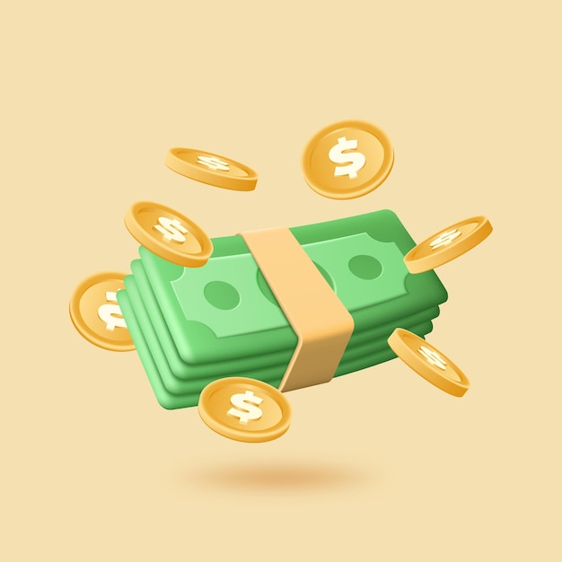 Ioni di denaro 3D dollari e monete fredde elementi 3D denaro volante Pagamento per pila di monete economia segno oggetti del mercato finanziario Profitto e lotteria vincere concetto di rendering vettoriale realistico
