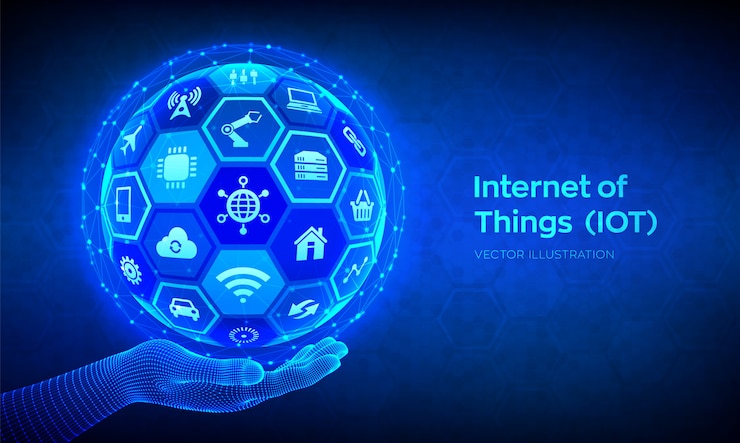 Vettore iot. concetto di internet of things. sfera o globo astratta 3d con superficie degli esagoni in mano del wireframe.