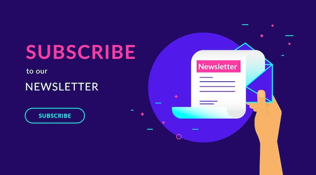 Iscriviti alla nostra newsletter illustrazione vettoriale piatto al neon per banner web con testo e pulsante