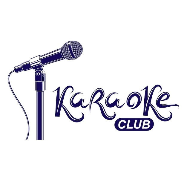 Iscrizione del club karaoke, emblema vettoriale concettuale dell'intrattenimento notturno creato utilizzando il dispositivo audio del microfono del registratore.