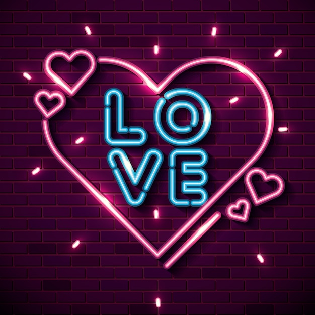 Iscrizione dell'amore con i cuori di progettazione dell'illustrazione di vettore delle luci al neon