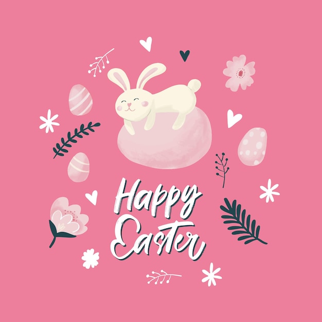 Iscrizione di buona Pasqua con le orecchie e l'uovo del coniglietto di Pasqua