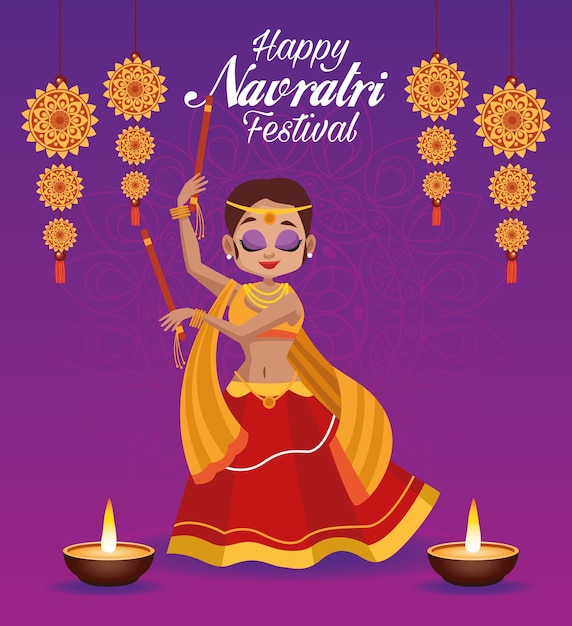 Iscrizione di carta celebrazione navratri felice con bellissima donna che balla e candele