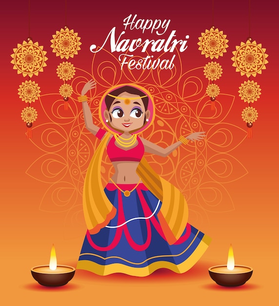 Iscrizione di carta celebrazione navratri felice con donna che balla e candele