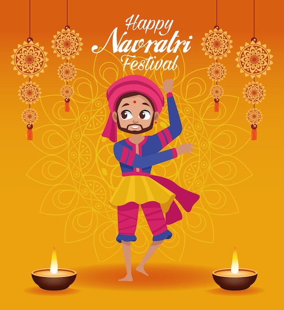 Iscrizione di carta celebrazione navratri felice con uomo che balla e candele