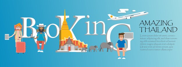 Iscrizione di prenotazione e famosi monumenti della Tailandia.