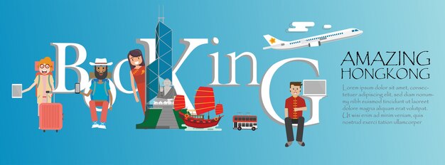 Iscrizione di prenotazione e famosi monumenti di Hong Kong.