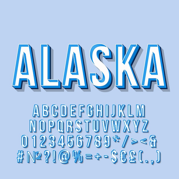 Iscrizione di vettore dell'annata 3d dell'Alaska. Carattere grassetto retrò, carattere tipografico. Testo stilizzato pop art. Pacchetto di lettere, numeri, simboli, elementi in stile vecchia scuola. poster anni '90, '80, banner. Colore di sfondo blu telaio