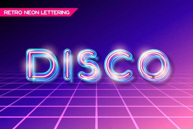 Iscrizione DISCO in vetro incandescente al neon retrò con trasparenza e ombre