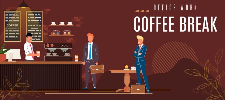 Vettore iscrizione luminosa della pausa caffè del lavoro d'ufficio del manifesto.