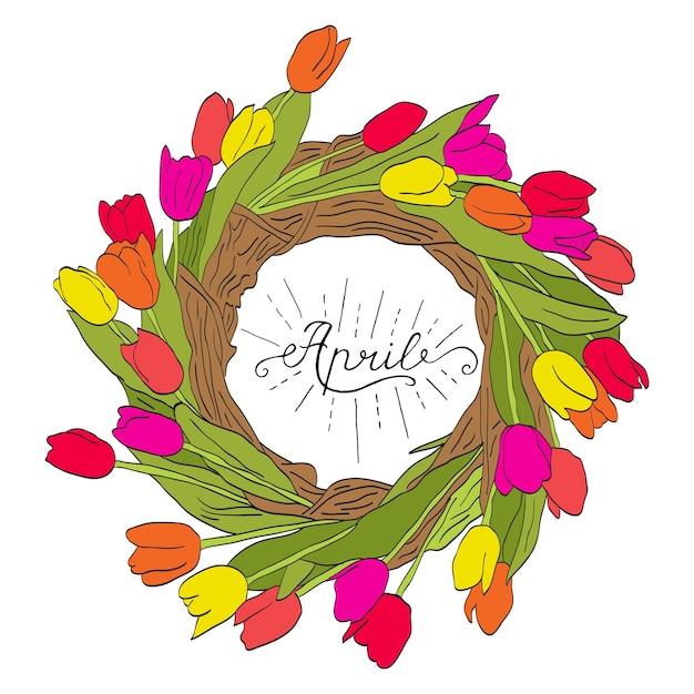 Iscrizione luminosa di aprile Bellissimo bouquet colorato di tulipani Tulipano isolato su sfondo bianco Biglietto d'auguri con calligrafia Disegno di lettere disegnate a mano