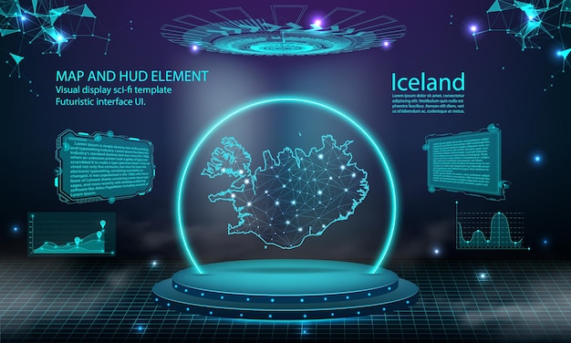 Islanda mappa luce effetto di collegamento sfondo astratto tecnologia digitale UI GUI HUD futuristico Interfaccia virtuale con la mappa dell'Islanda Stage podio futuristico nella nebbia