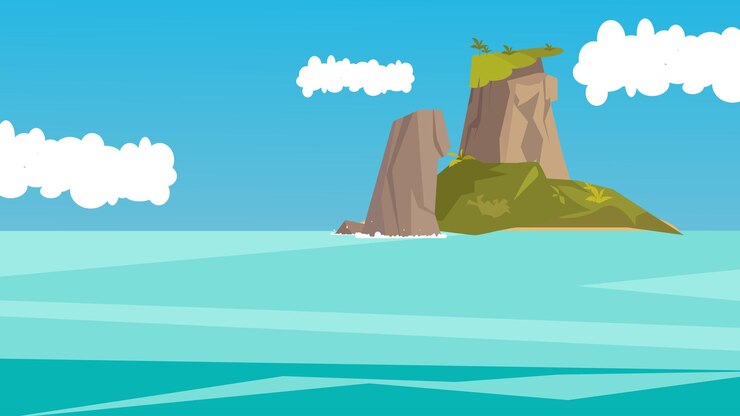 Vettore isola tropicale con scogliere rocciose e illustrazione vettoriale piatta dell'oceano blu