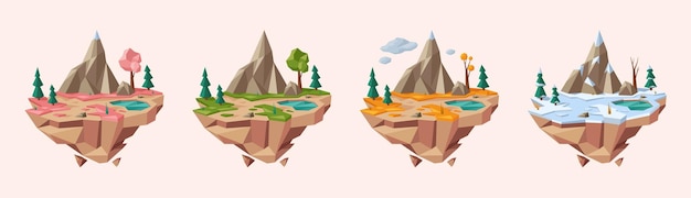 Isole a quattro stagioni basse Paesaggio isometrico galleggiante Ecosistema in miniatura Primavera estate autunno e inverno Set di illustrazioni vettoriali