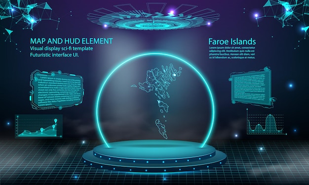 Isole Faroe mappa luce collegamento effetto sfondo astratto tecnologia digitale UI GUI futuristico HUD Interfaccia virtuale con mappa Isole Faroe Stage podio futuristico nella nebbia
