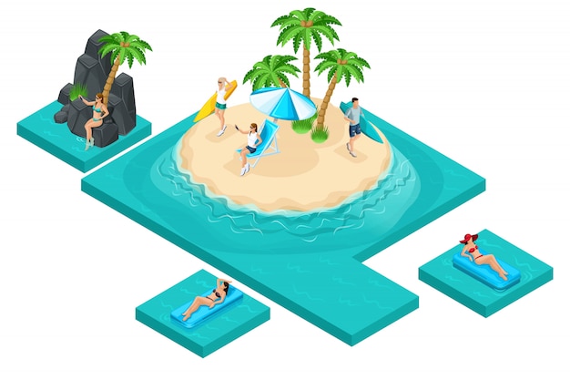 Isometria di qualità, il concetto di svago per i giovani sull'isola. Surf, viaggi, selfie, freelance, lavoro a distanza. Crea il tuo concetto pubblicitario