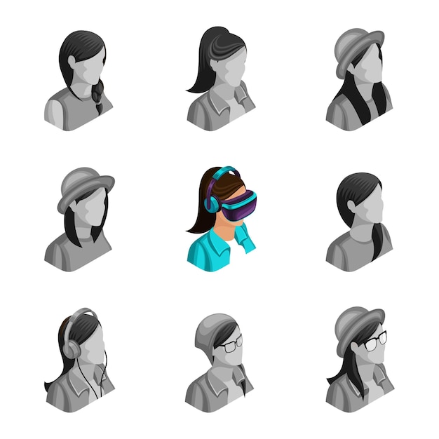 Isometria di qualità una serie di avatar 3D di ragazze diverse con emozioni che enfatizzano l'individualità