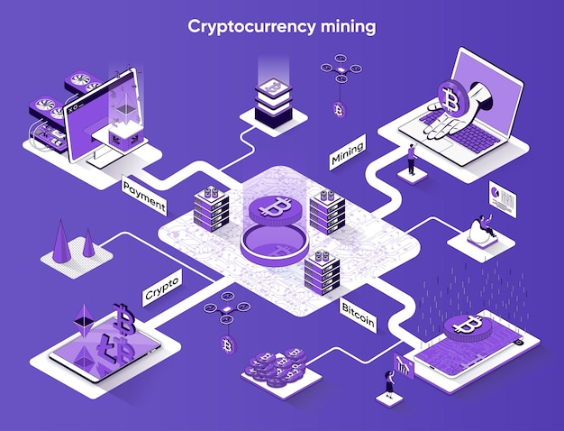 Isometria piana di banner web isometrico di mining di criptovaluta