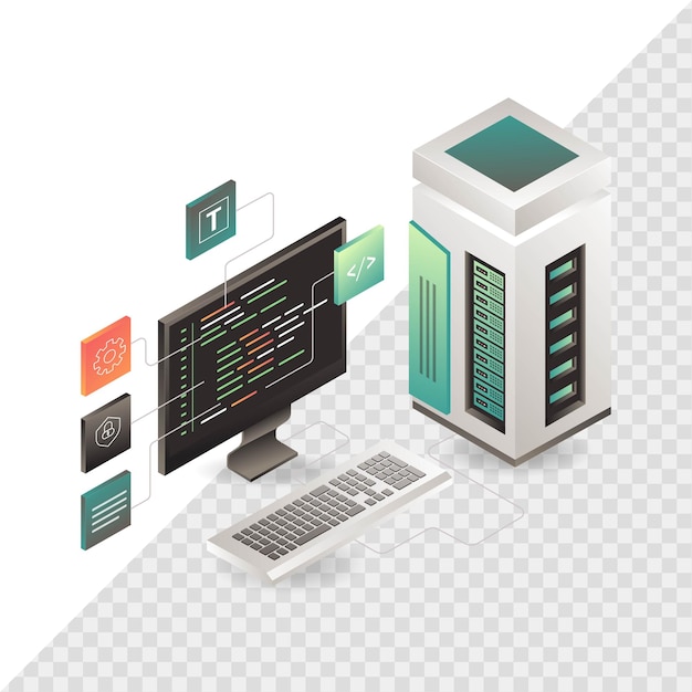 Isometric Developer Workspace con codice e server
