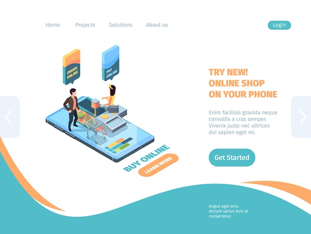 Isometrica dello smartphone per lo shopping della pagina di destinazione del negozio online.