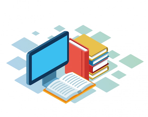 isometrico di computer e libri su sfondo bianco