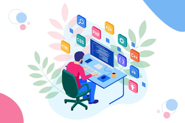 Isometrico Sviluppo di tecnologie di programmazione e codifica. Progettazione di siti web. Illustrazione vettoriale.