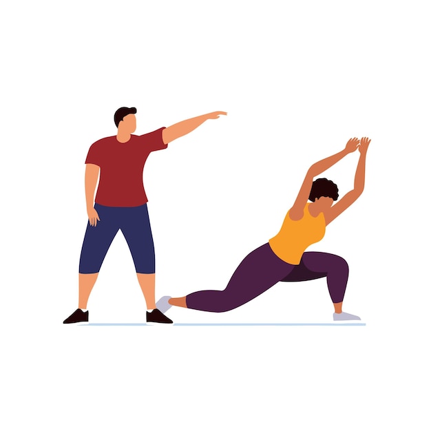 Istruttore di fitness donna che pratica yoga posa allenatore di fitness maschio che guida una studentessa