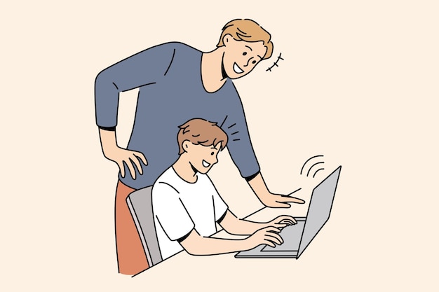 Istruzione online e concetto di apprendimento. Padre sorridente dell'uomo in piedi vicino a suo figlio seduto al computer portatile che scrive qualcosa che insegna a controllare l'illustrazione vettoriale